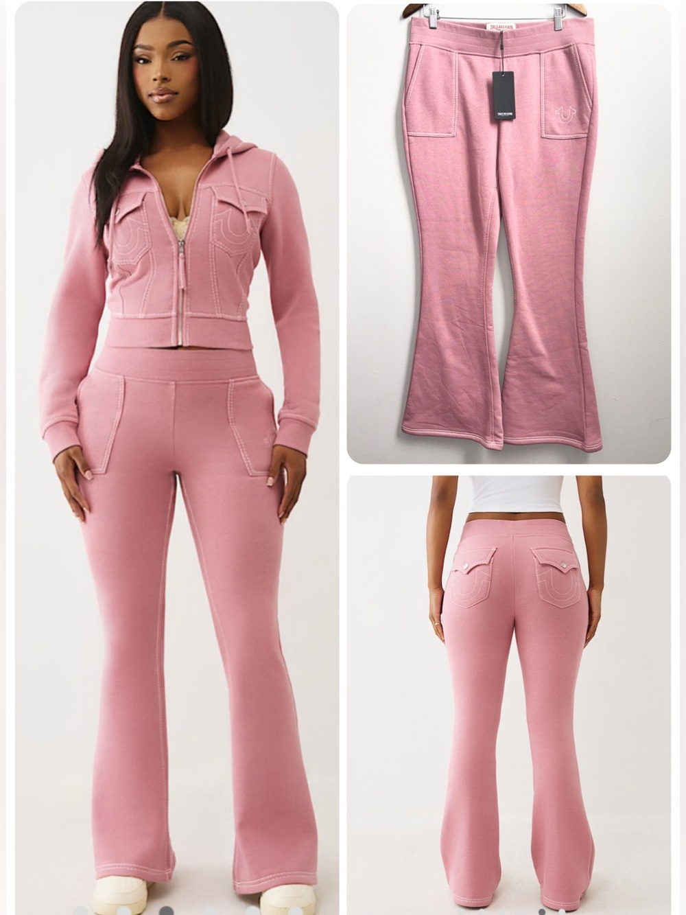 NWT True Religion Big T Flared Sweatpants Flap Pockets Nostalgia Rose Size Large
